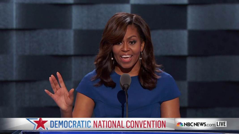 Michelle Obama said in her speech Monday, "I wake up every morning in a house that was built by slaves, and I watch my daughters — two beautiful, intelligent, black young women -- playing with their dogs on the White House lawn."